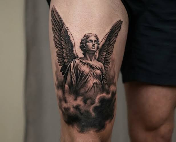 Tatuaje Black and Grey de ángel.